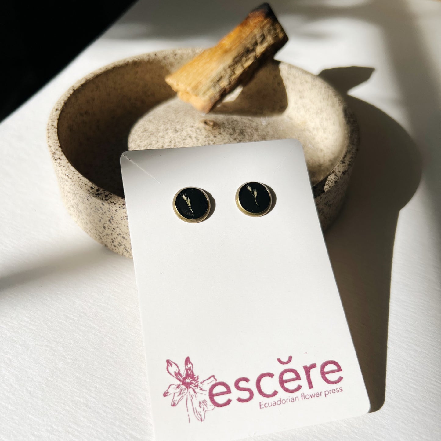 Small stainless steel earrings with pressed flower grass on black background in epoxy resin