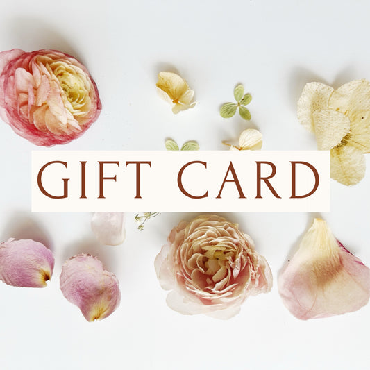 Gift card for pressed flower jewelry frames art trivets with Peonies Ranunculus Hydrangeas and other flower petals